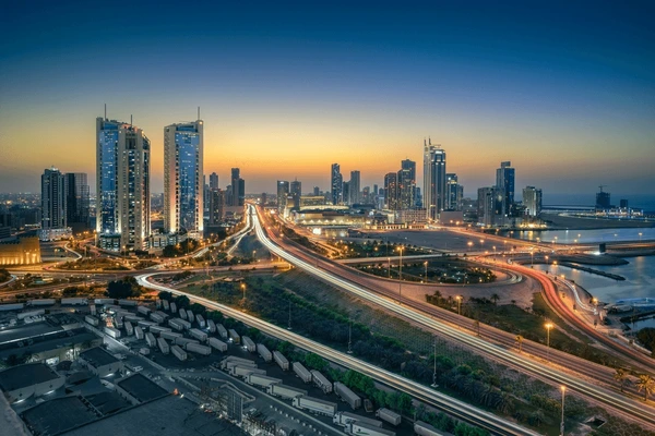 Modern metropolitan skyline at dusk